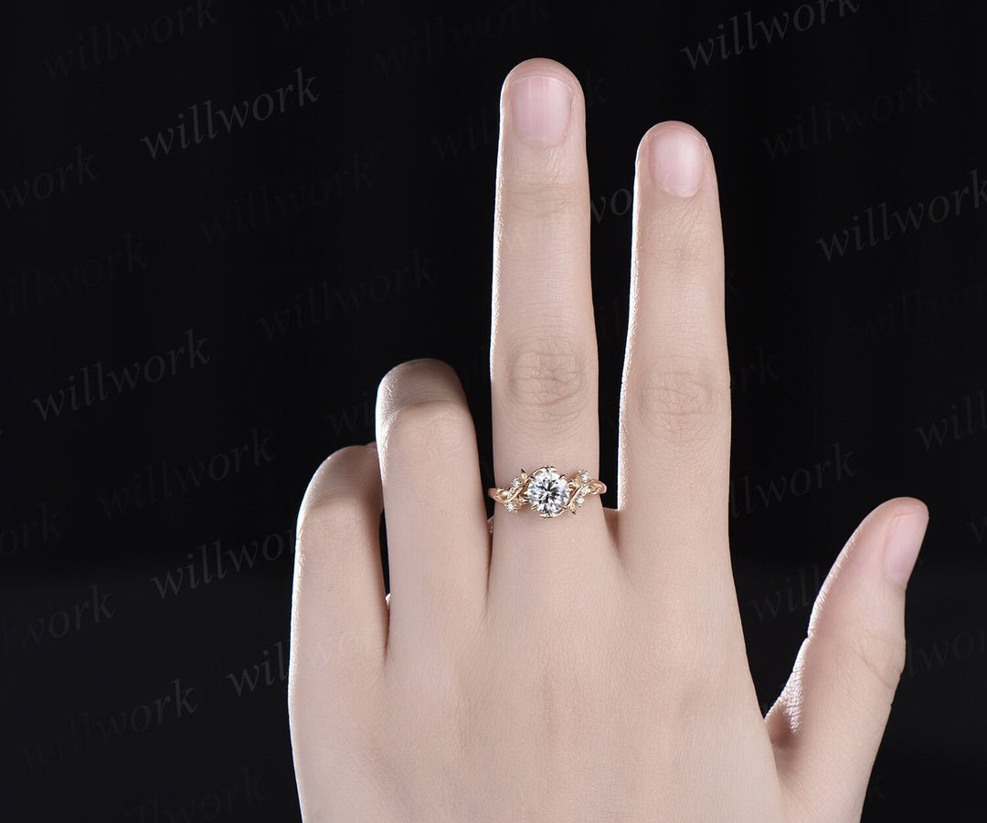 Vintage 1ct round cut IGI Lab grown diamond engagement ring 14k yellow gold leaf five stone diamond anniversary promise wedding ring women gift