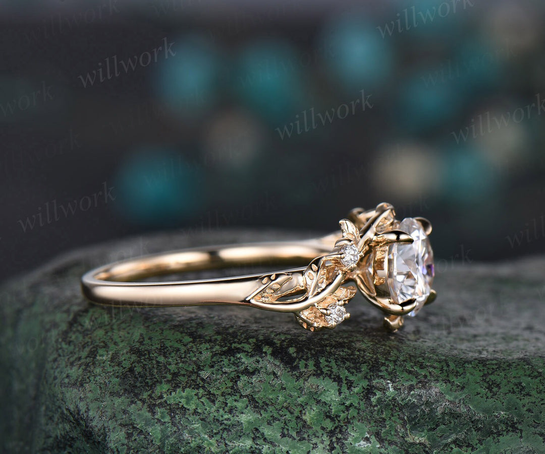 Vintage 1ct round cut IGI Lab grown diamond engagement ring 14k yellow gold leaf five stone diamond anniversary promise wedding ring women gift