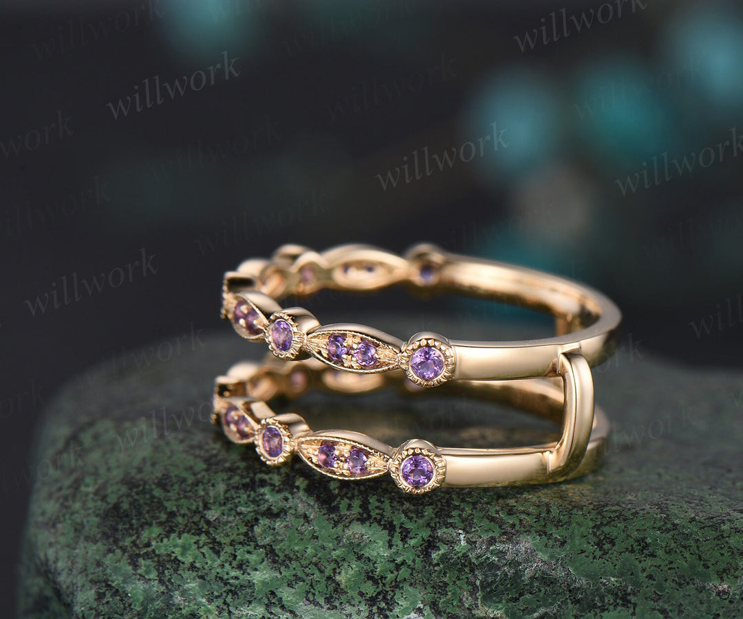 Double purple amethyst wedding band enhancer wraps solid 14k yellow gold half eternity milgrain anniversary ring gift gemstone