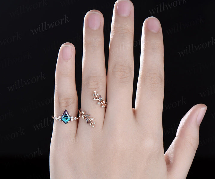 Kite cut alexandrite engagement ring rose gold leaf cluster diamond wedding band enhancer unique anniversary bridal ring set women jewelry