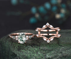 Vintage oval cut moss agate engagement ring rose gold Double diamond wedding band enhancer unique wedding bridal ring set women jewelry
