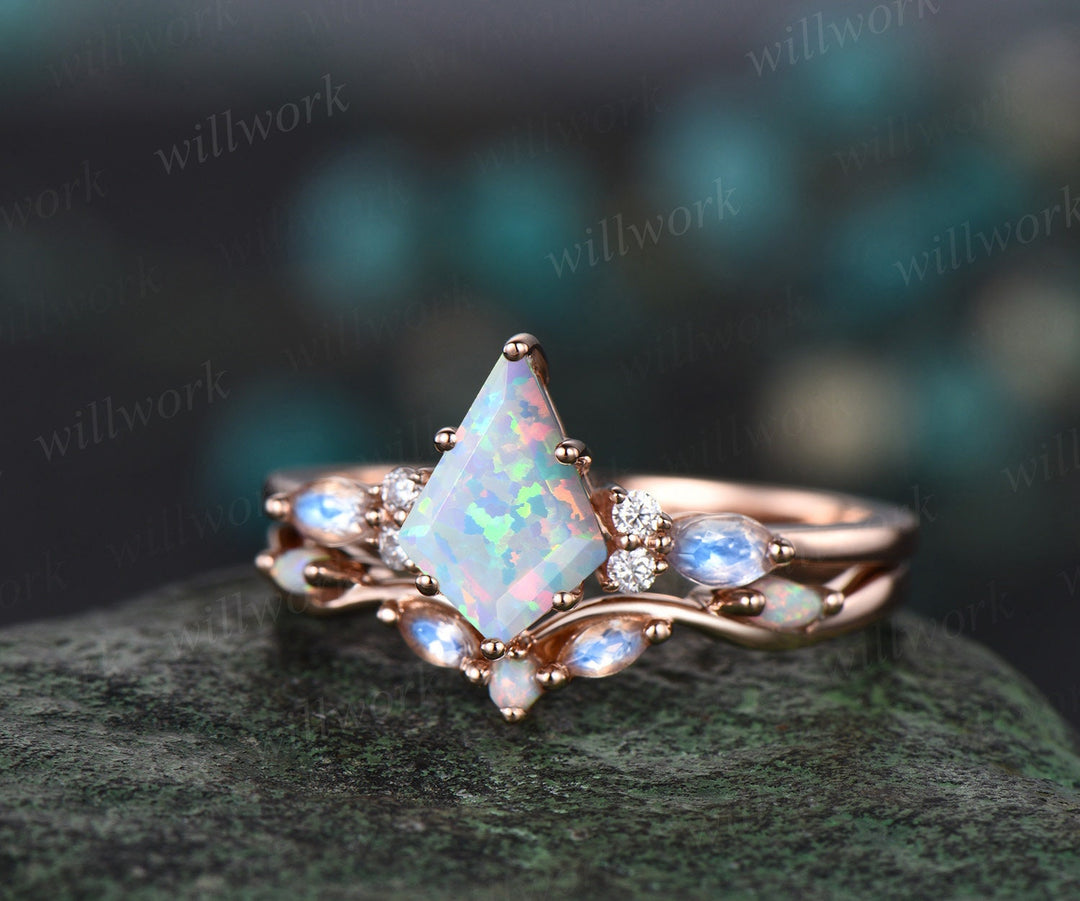 Kite cut white opal engagement ring rose gold marquise cut moonstone ring women moissanite anniversary wedding bridal ring set jewelry