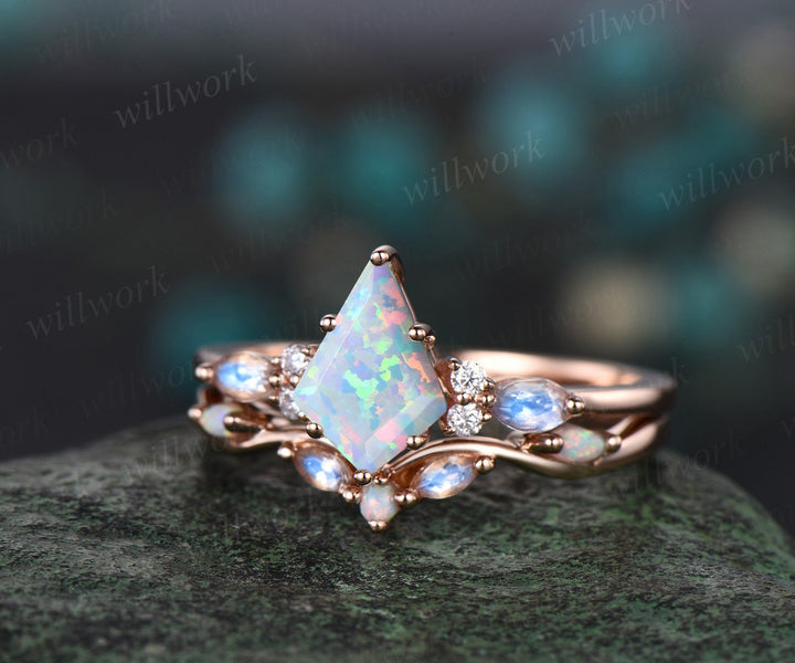 Kite cut white opal engagement ring rose gold marquise cut moonstone ring women moissanite anniversary wedding bridal ring set jewelry