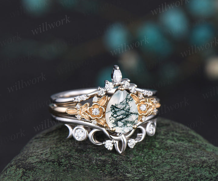 Pear cut moss agate engagement ring leaf floral cluster diamond ring yellow gold wedding band enhancer promise bridal ring set women