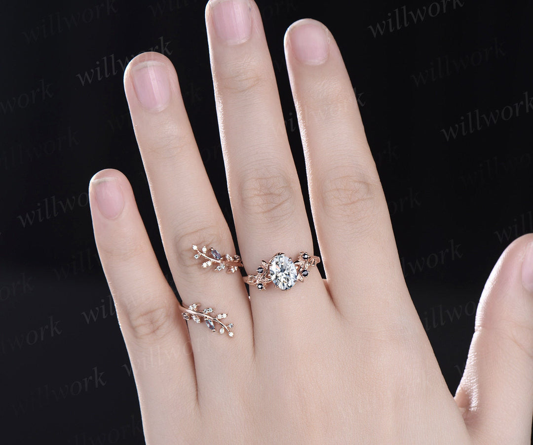 Oval cut moissanite engagement ring five stone leaf nature inspired alexandrite ring women wedding band enhancer bridal set jewelry
