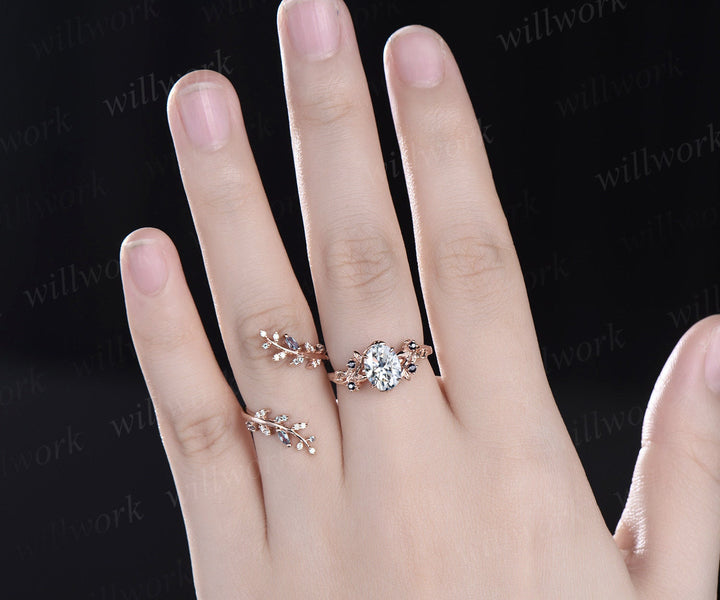 Oval cut moissanite engagement ring five stone leaf nature inspired alexandrite ring women wedding band enhancer bridal set jewelry