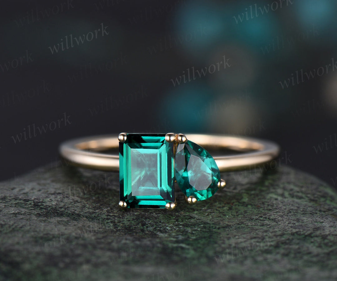 Toi et Moi pear emerald cut green emerald engagement ring solid 14k yellow gold Personalized snowdrift bridal wedding ring set women