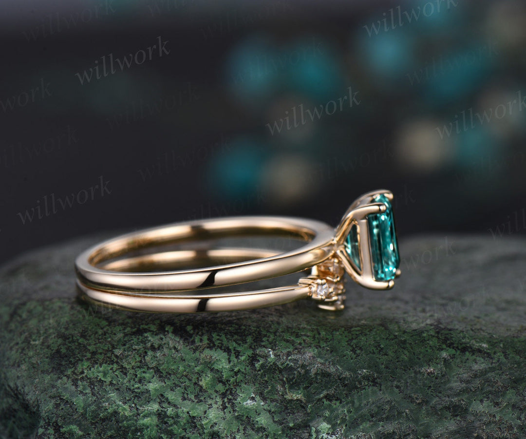 Toi et Moi pear emerald cut green emerald engagement ring solid 14k yellow gold Personalized snowdrift bridal wedding ring set women