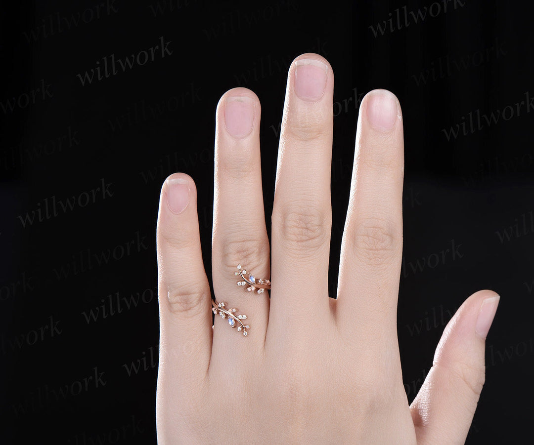 Opal moonstone leaf wedding band enhancer wraps solid 14k rose gold cluster double open gap diamond ring women art deco anniversary gift