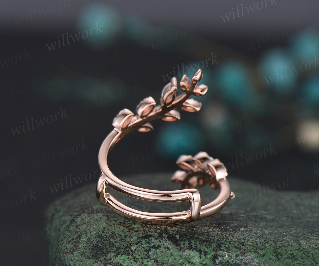 Opal moonstone leaf wedding band enhancer wraps solid 14k rose gold cluster double open gap diamond ring women art deco anniversary gift