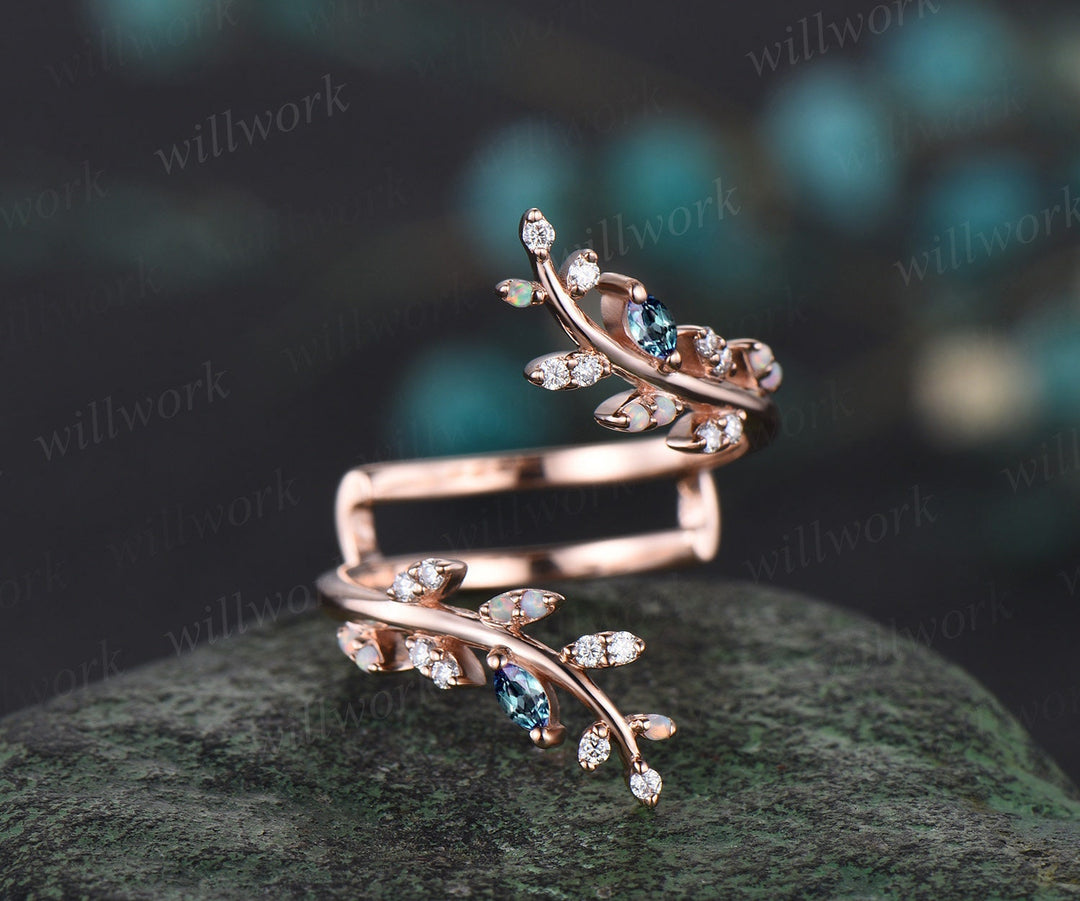 Opal alexandrite leaf wedding band enhancer wraps solid 14k rose gold cluster double open gap diamond ring women art deco anniversary gift