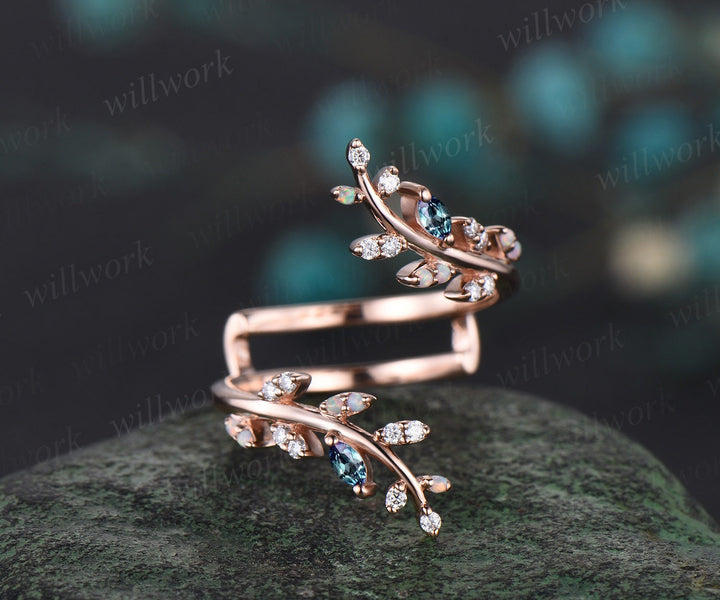 Opal alexandrite leaf wedding band enhancer wraps solid 14k rose gold cluster double open gap diamond ring women art deco anniversary gift