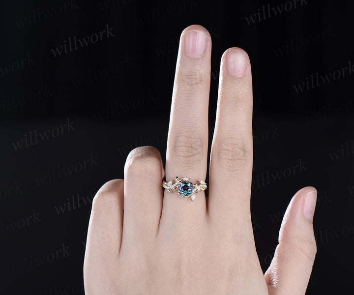 Vintage round alexandrite engagement ring yellow gold leaf nature inspired branch half eternity diamond opal wedding anniversary ring women