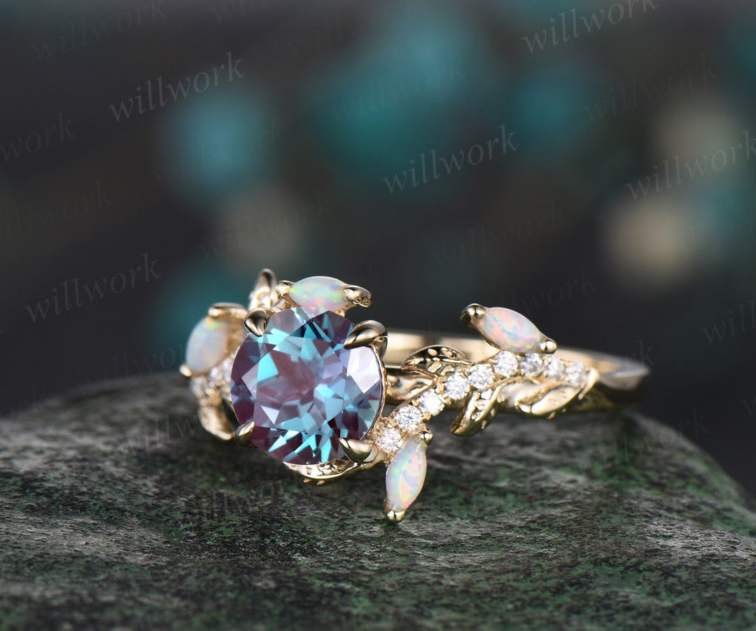 Vintage round alexandrite engagement ring yellow gold leaf nature inspired branch half eternity diamond opal wedding anniversary ring women