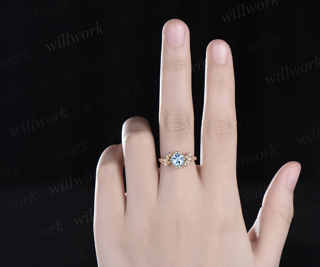 Vintage 1ct round cut aquamarine engagement ring leaf 14k yellow gold ring branch twig nature inspired five stone diamond wedding ring women
