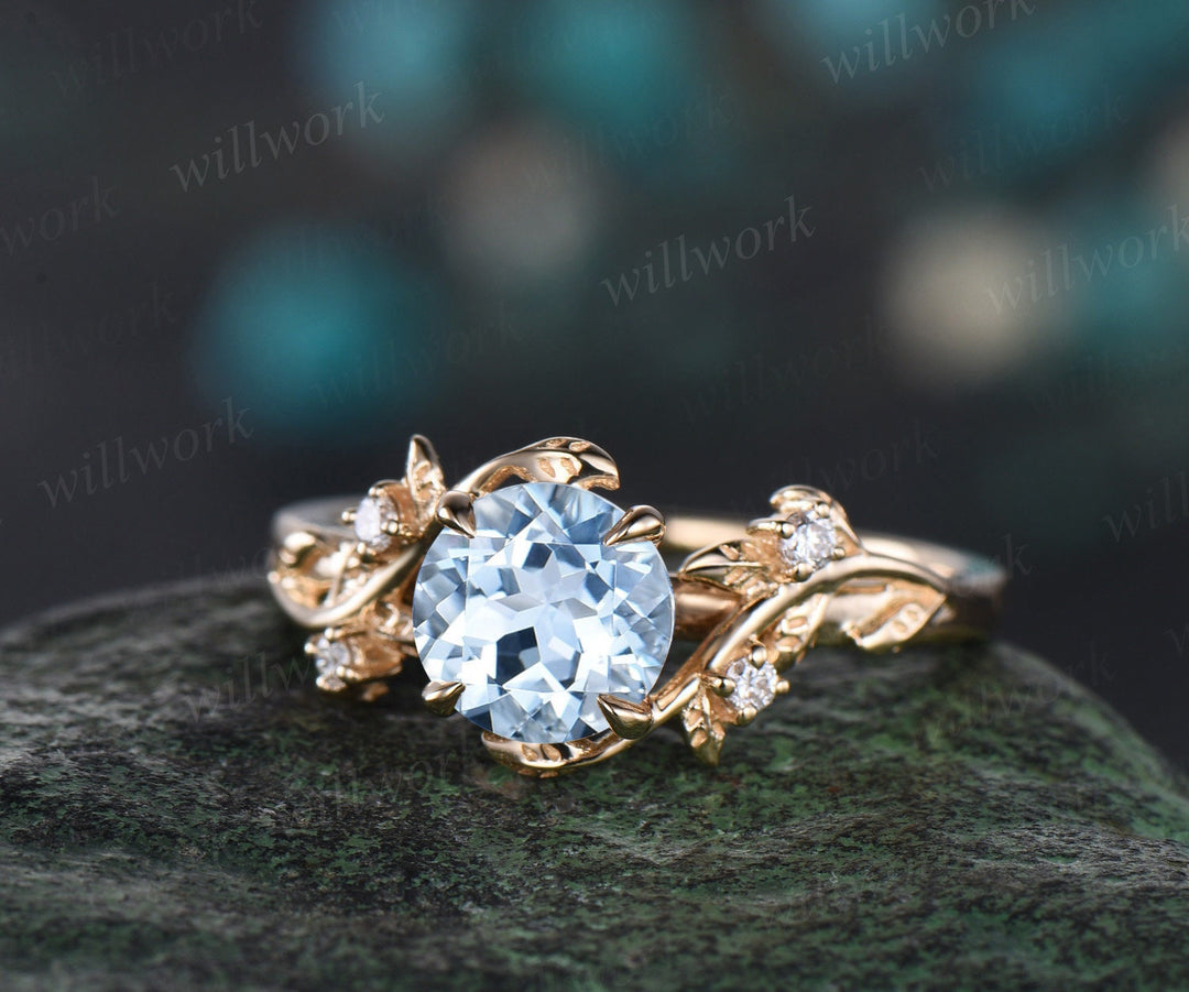Vintage 1ct round cut aquamarine engagement ring leaf 14k yellow gold ring branch twig nature inspired five stone diamond wedding ring women