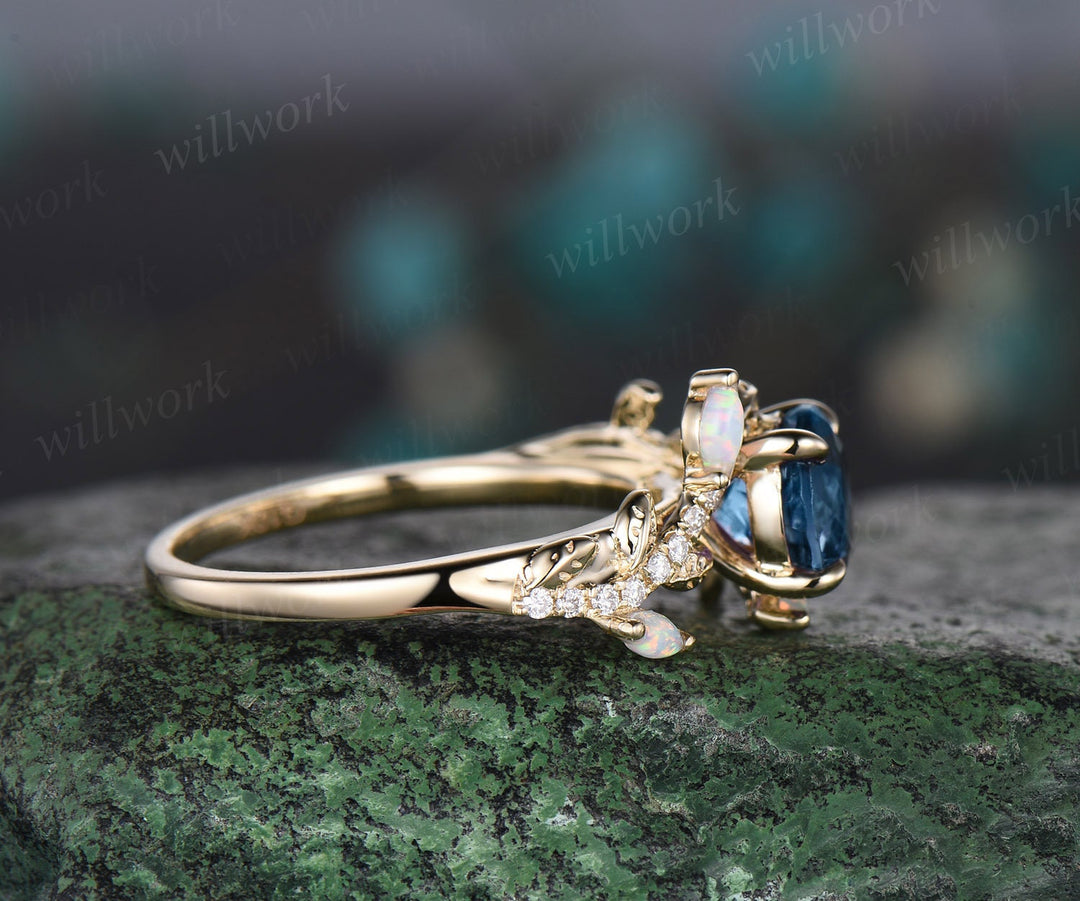 Vintage round London blue topaz engagement ring yellow gold leaf nature inspired branch half eternity diamond opal anniversary ring women