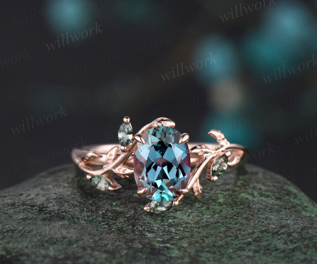 Vintage oval cut alexandrite engagement ring solid 14k rose gold art deco cluster leaf nature inspired bridal promise wedding ring set women