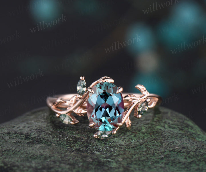 Vintage oval cut alexandrite engagement ring solid 14k rose gold art deco cluster leaf nature inspired bridal promise wedding ring set women