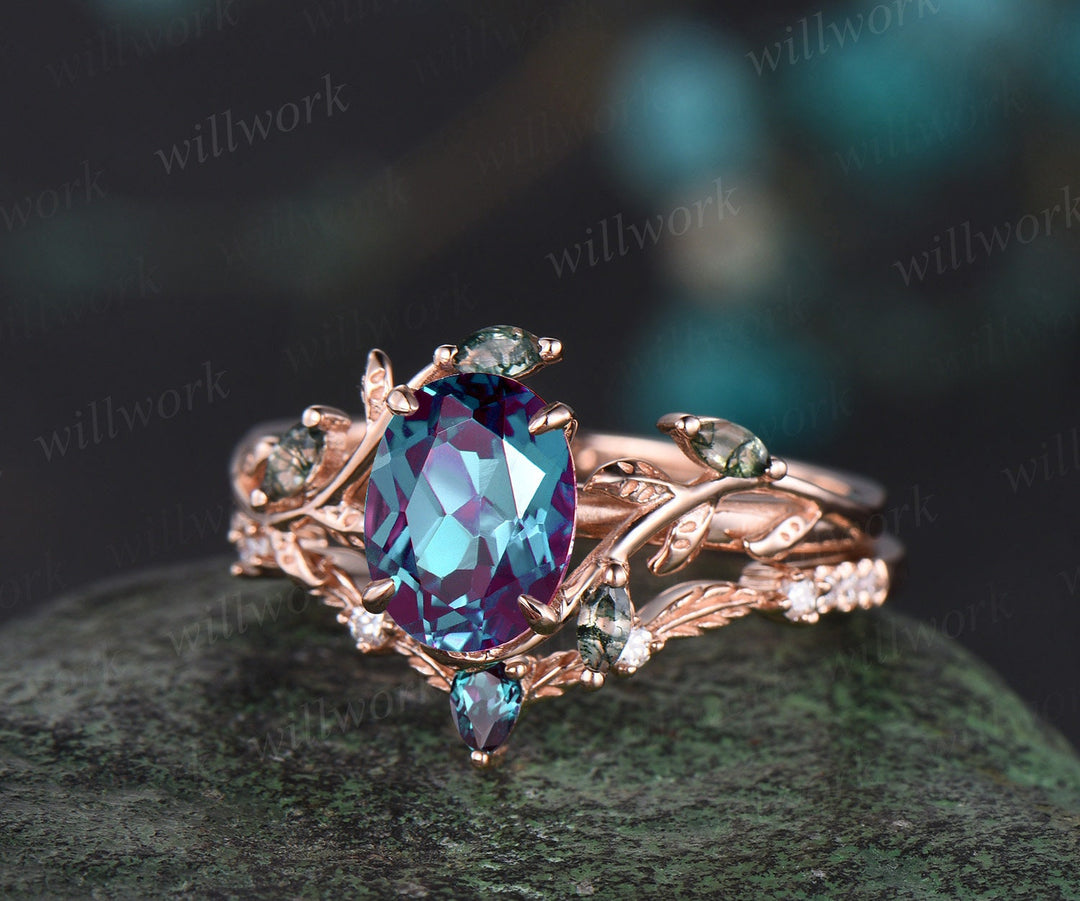 Vintage oval cut alexandrite engagement ring solid 14k rose gold art deco cluster leaf nature inspired bridal promise wedding ring set women