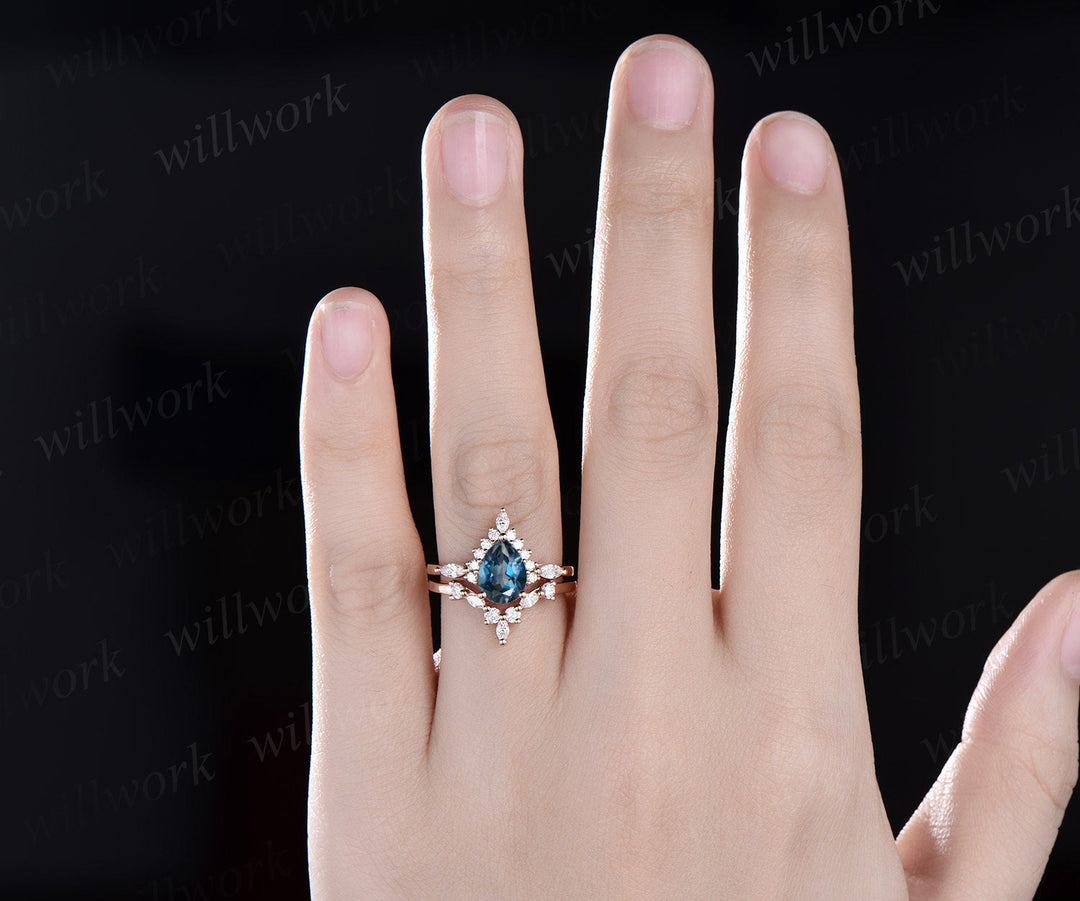Pear shaped London blue topaz ring halo marquise unique engagement ring women solid 14k rose gold gemstone wedding anniversary ring gift
