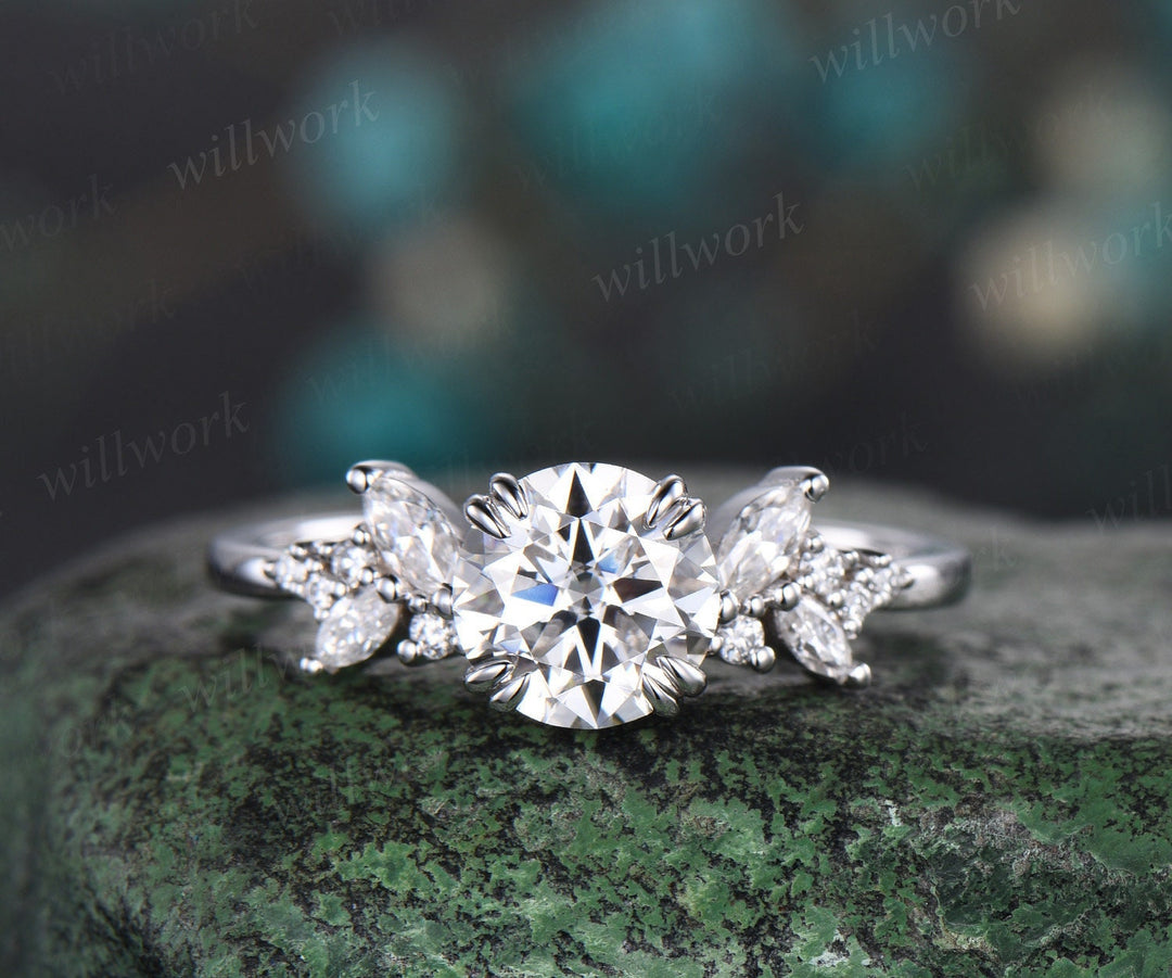 Round cut moissanite ring vintage moissanite engagement ring white gold unique snowdrift 8 prong engagement ring diamond wedding ring women