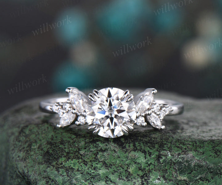 Round cut moissanite ring vintage moissanite engagement ring white gold unique snowdrift 8 prong engagement ring diamond wedding ring women
