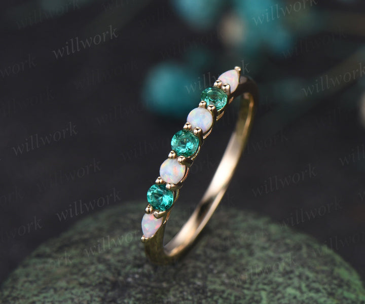 Round opal emerald wedding band solid 14k yellow gold Multi-Stone rings half eternity dainty anniversary ring women gift