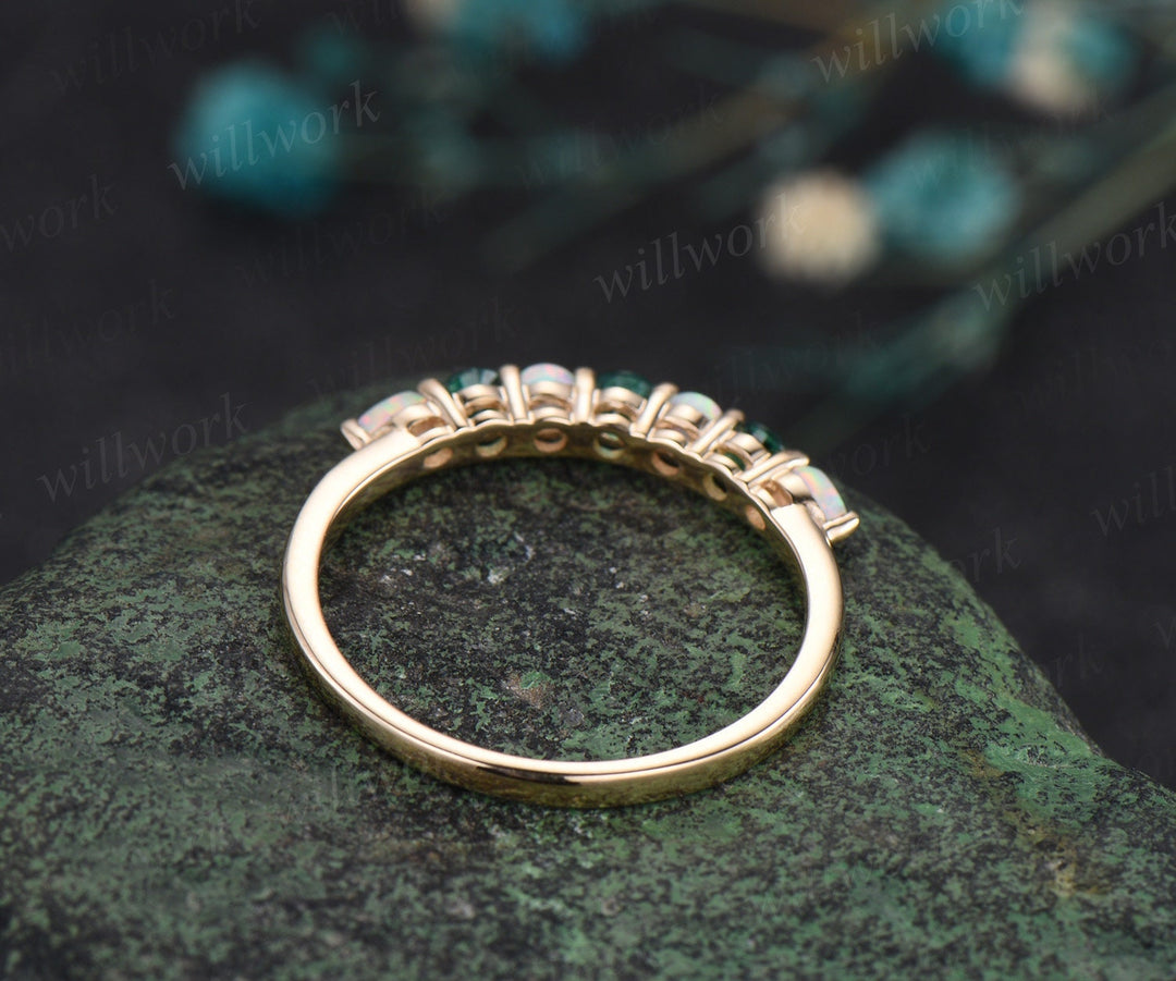 Round opal emerald wedding band solid 14k yellow gold Multi-Stone rings half eternity dainty anniversary ring women gift