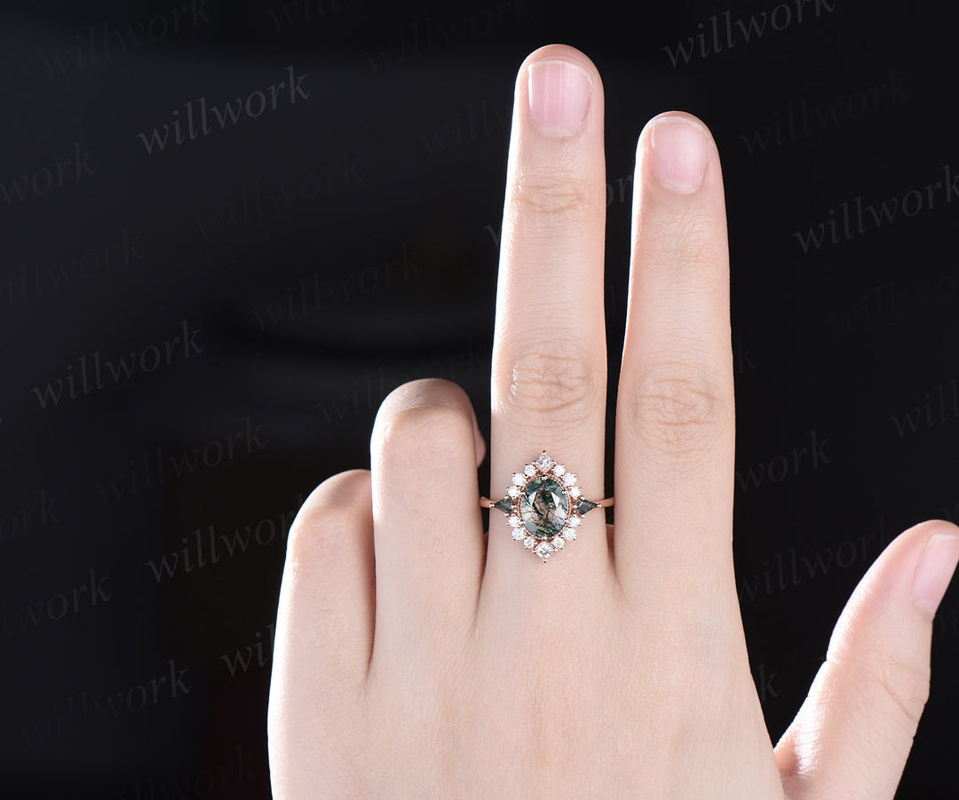 7x9mm oval cut green moss agate engagement ring Milgrain halo princess diamond ring women 6 prong unique wedding anniversary ring