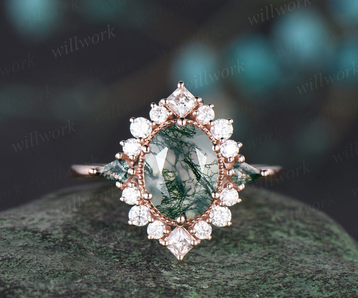7x9mm oval cut green moss agate engagement ring Milgrain halo princess diamond ring women 6 prong unique wedding anniversary ring