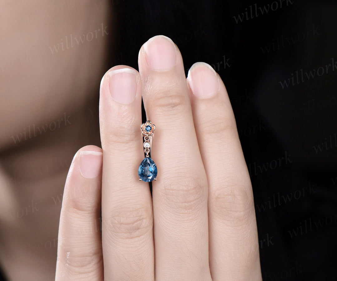 Floral pear shaped London blue topaz earrings rose gold three stone bezel diamond flower drop earrings women anniversary gift her jewelry