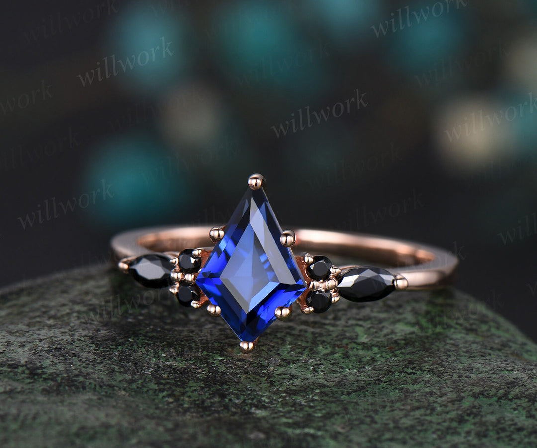 Kite cut blue sapphire engagement ring 14k rose gold black spinel leaf wedding band moissanite September birthstone ring anniversary gift