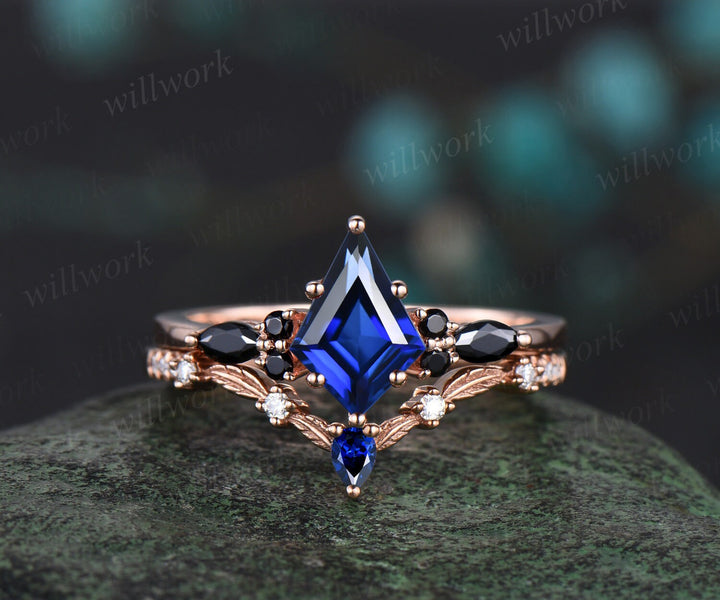 Kite cut blue sapphire engagement ring 14k rose gold black spinel leaf wedding band moissanite September birthstone ring anniversary gift