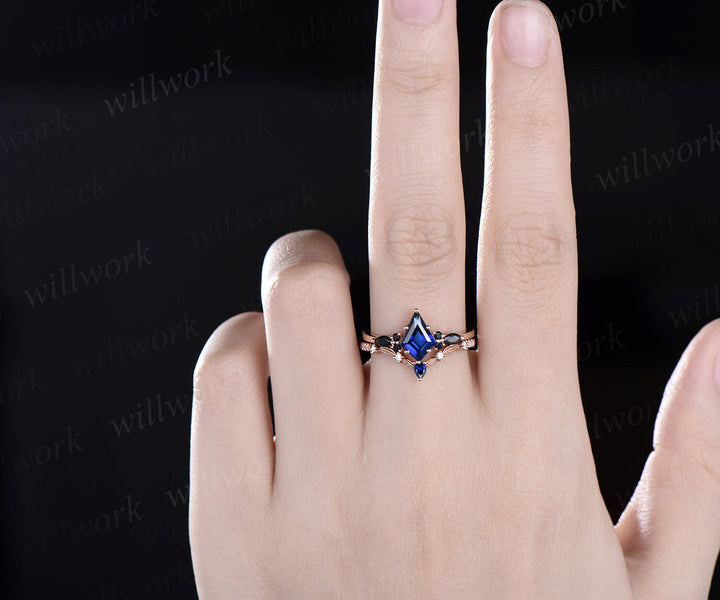 Kite cut blue sapphire engagement ring 14k rose gold black spinel leaf wedding band moissanite September birthstone ring anniversary gift