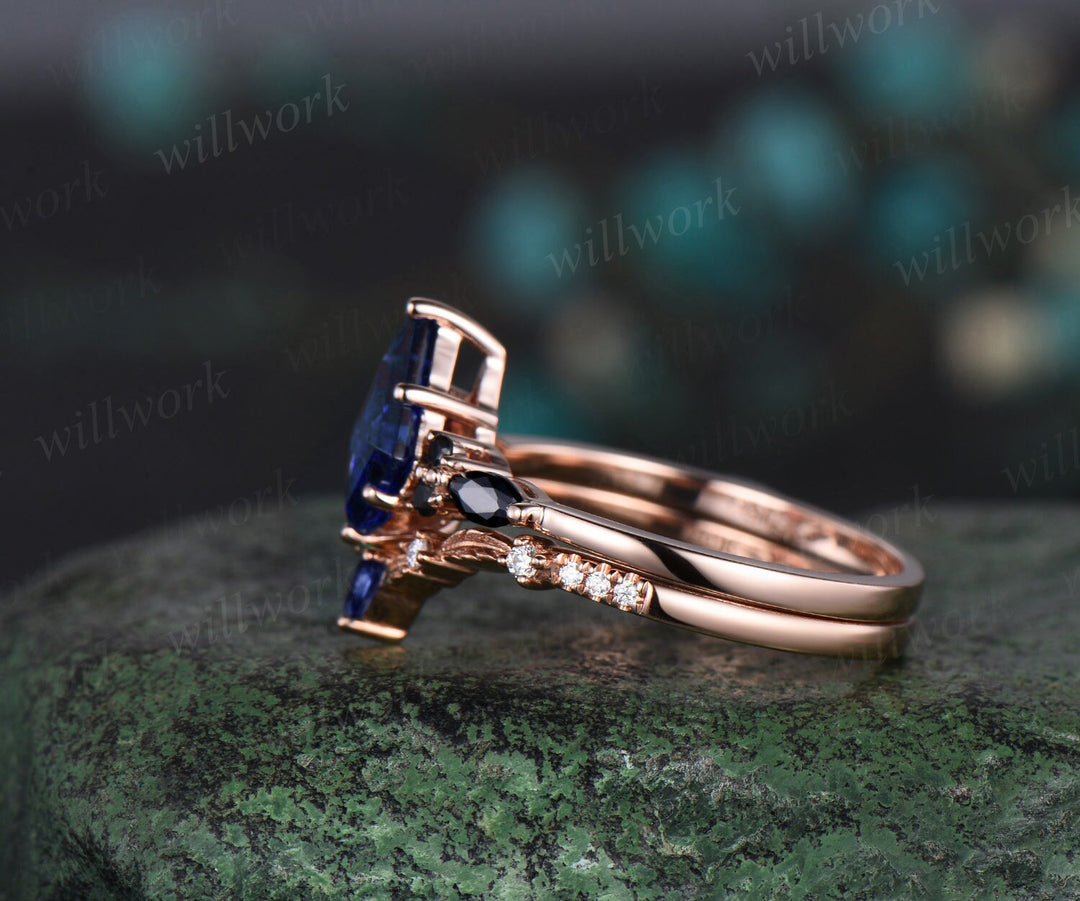 Kite cut blue sapphire engagement ring 14k rose gold black spinel leaf wedding band moissanite September birthstone ring anniversary gift