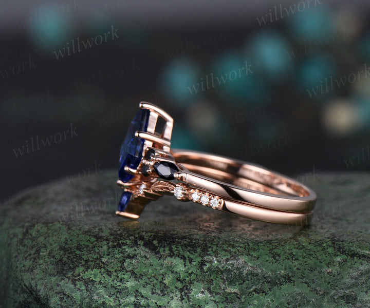 Kite cut blue sapphire engagement ring 14k rose gold black spinel leaf wedding band moissanite September birthstone ring anniversary gift