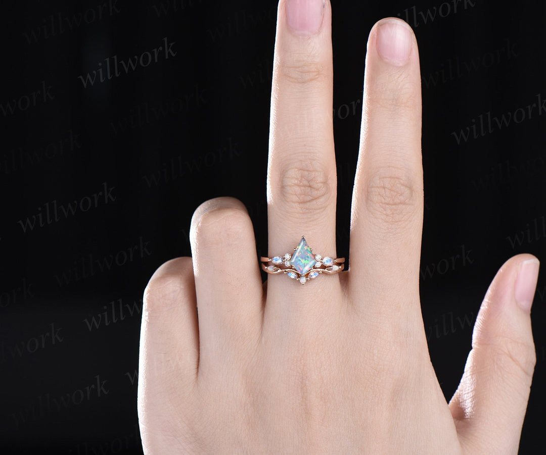 Kite cut white opal engagement ring rose gold marquise cut moonstone ring women moissanite anniversary wedding bridal ring set jewelry