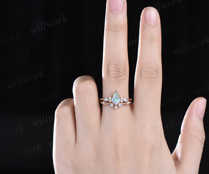 Kite cut white opal engagement ring rose gold marquise cut moonstone ring women moissanite anniversary wedding bridal ring set jewelry