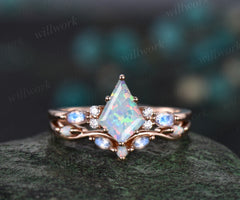 Kite cut white opal engagement ring rose gold marquise cut moonstone ring women moissanite anniversary wedding bridal ring set jewelry