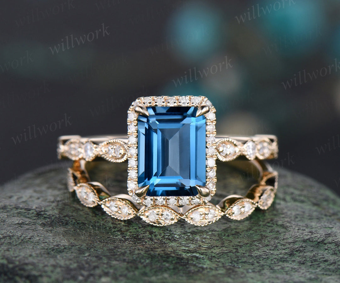Emerald cut London blue topaz engagement ring 14k yellow gold half eternity marquise milgrain diamond promise wedding ring women jewelry