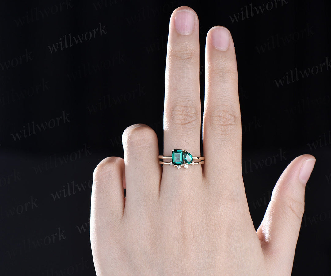 Toi et Moi pear emerald cut green emerald engagement ring solid 14k yellow gold Personalized snowdrift bridal wedding ring set women