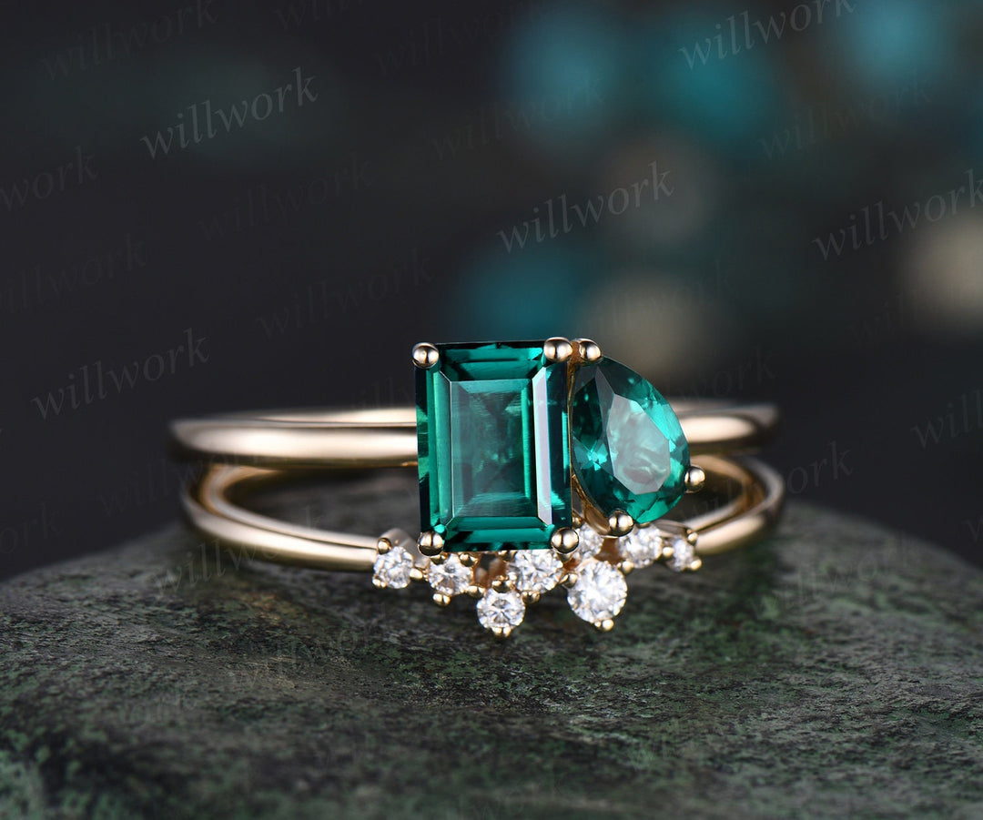 Toi et Moi pear emerald cut green emerald engagement ring solid 14k yellow gold Personalized snowdrift bridal wedding ring set women