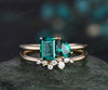 Toi et Moi pear emerald cut green emerald engagement ring solid 14k yellow gold Personalized snowdrift bridal wedding ring set women