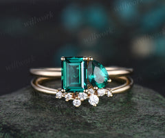 Toi et Moi pear emerald cut green emerald engagement ring solid 14k yellow gold Personalized snowdrift bridal wedding ring set women