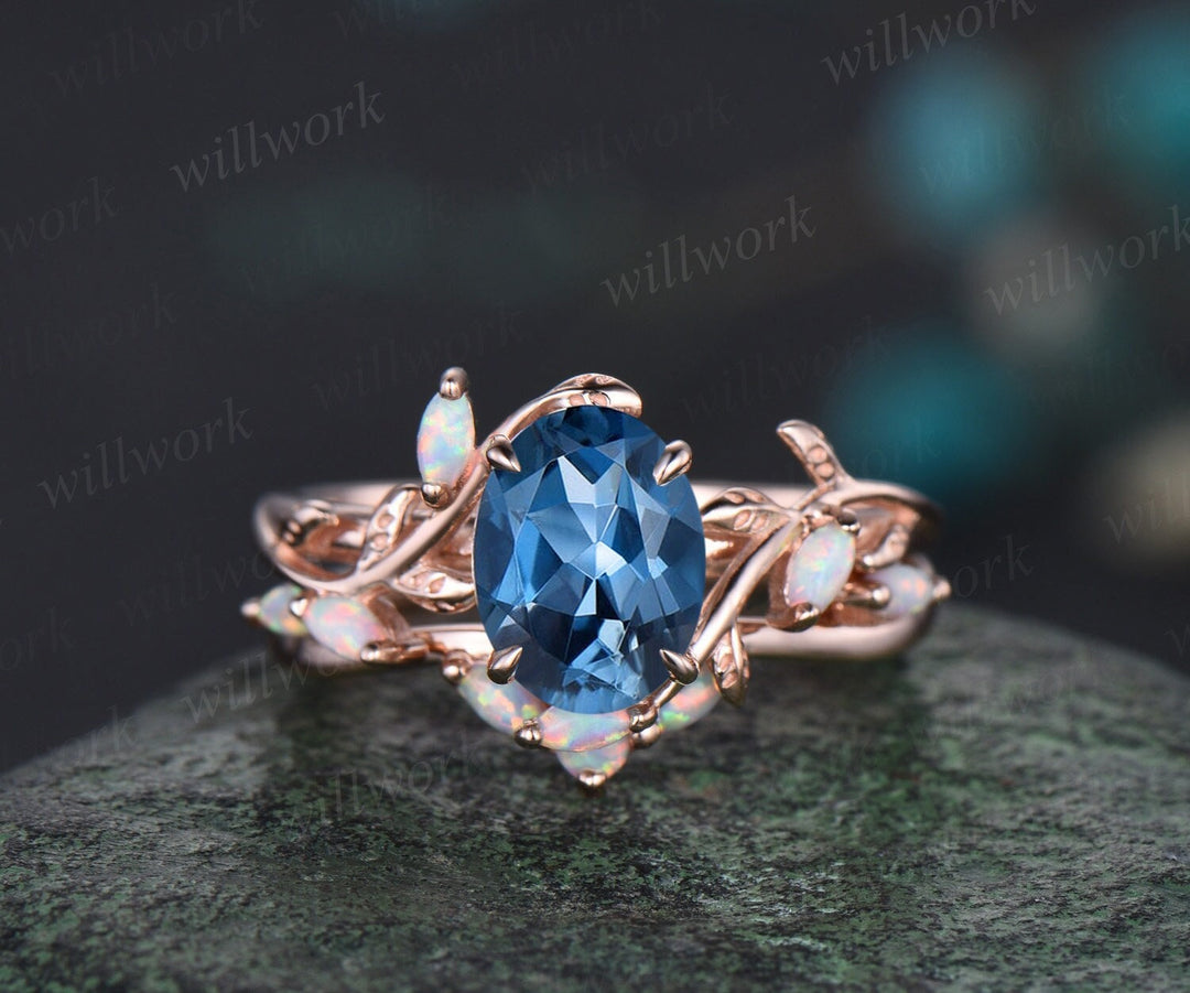 Vintage oval cut London blue topaz engagement ring solid 14k rose gold leaf nature inspired opal ring women wedding bridal ring set gemstone