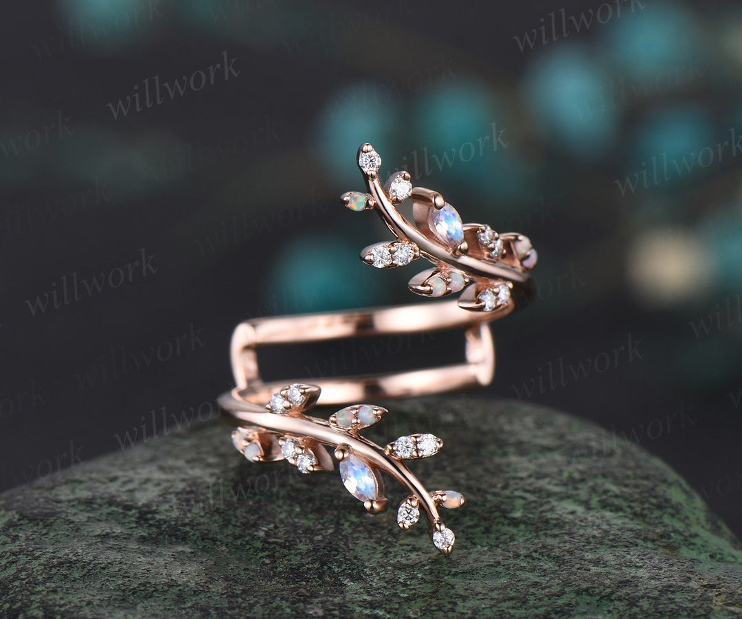 Opal moonstone leaf wedding band enhancer wraps solid 14k rose gold cluster double open gap diamond ring women art deco anniversary gift