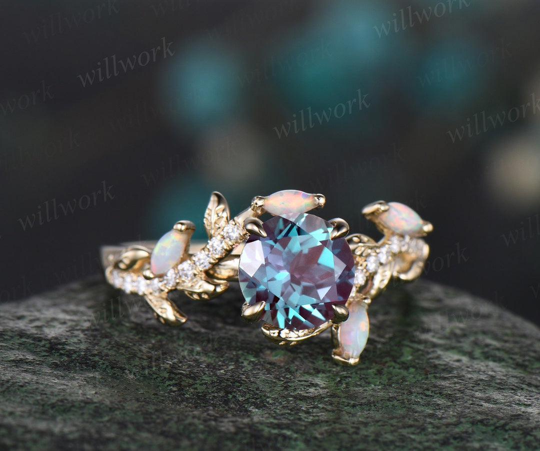 Vintage round alexandrite engagement ring yellow gold leaf nature inspired branch half eternity diamond opal wedding anniversary ring women