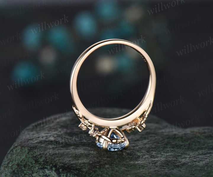 Vintage 1ct round cut aquamarine engagement ring leaf 14k yellow gold ring branch twig nature inspired five stone diamond wedding ring women