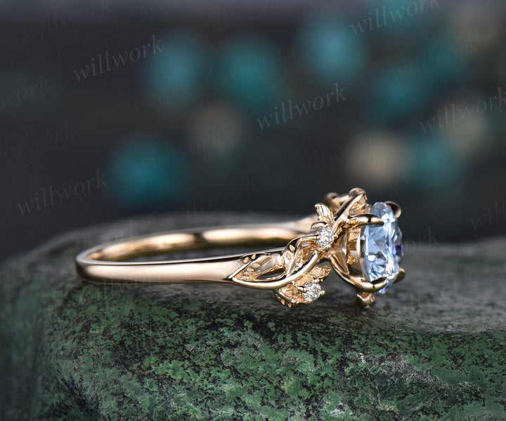 Vintage 1ct round cut aquamarine engagement ring leaf 14k yellow gold ring branch twig nature inspired five stone diamond wedding ring women